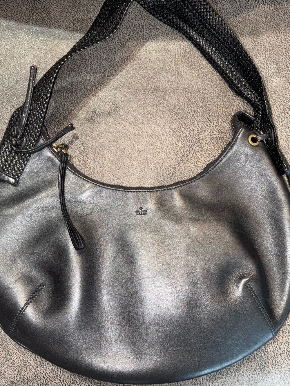 Gucci Black Leather Crescent Shaped- HoBo Shoulder Bag with Woven Strap